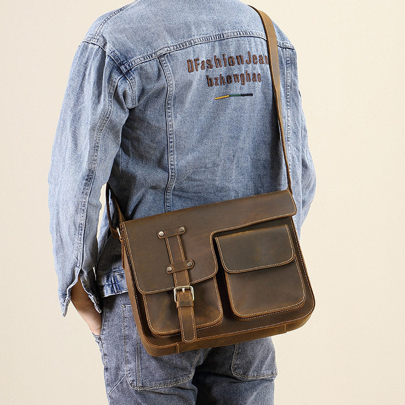 Brown Leather Messenger Bag - Side View