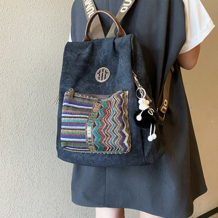 Boho Style Backpack Womens Canvas Backpack Black Gray Embroidery Vintage Boho Backpack - Feltify