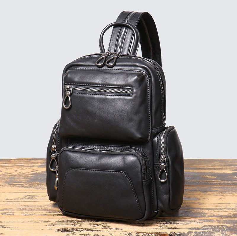 Black Sling Leather Backpack Convertible Black Leather Sling Backpack for Men