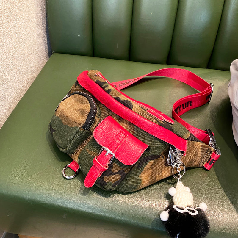 Red Camouflage Fanny Pack for Men Camouflage Denim Leather Waist Bag Camouflage Belt Bag - Feltify