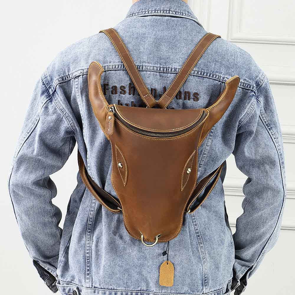 Brown Ox Bull Head Leather Backpack Mens Cool Leather Backpack - iwalletsmen