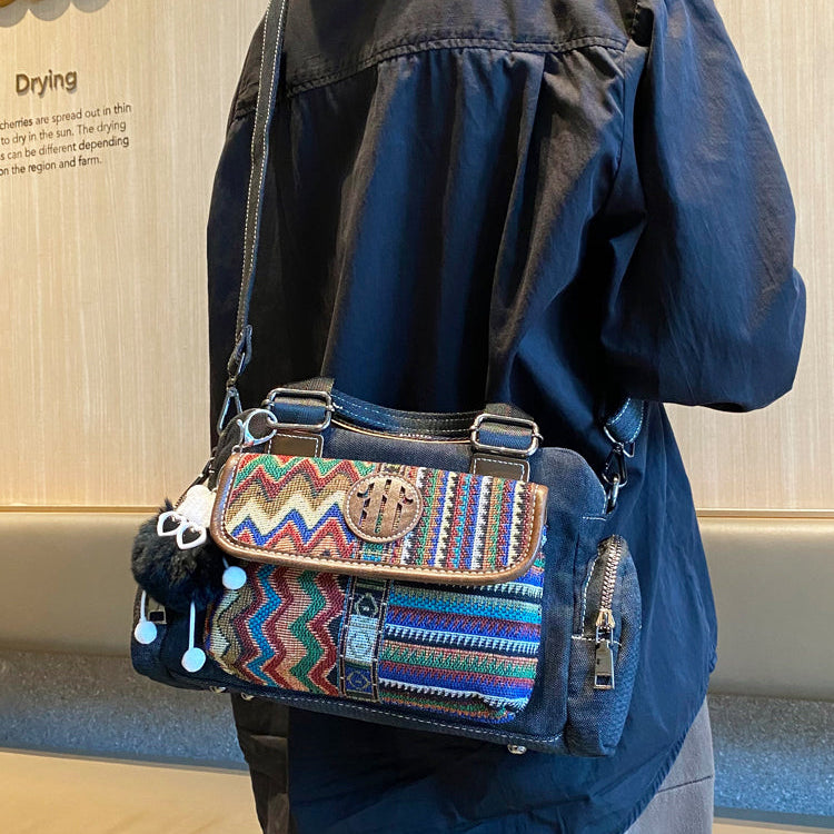 Black Gray Boho Handbag Canvas Embroidery Shoulder Bag Black Gray Canvas Crossbody Bag - Feltify