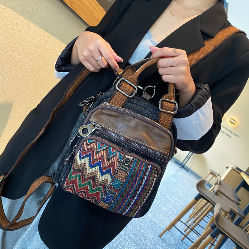 Black Gray Canvas Convertible Backpack Boho Shoulder Bag Embroidery Ca – Feltify