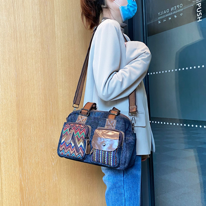 Black Gray Denim Crossbody Bags Embroidery Jean Bag Black Gray Denim HandBags Jean Shoulder Bag - Feltify