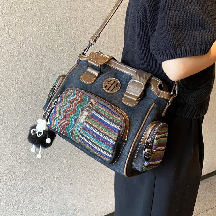 Black Gray Canvas Shoulder Boston Bag Embroidery Canvas Handbag Black Gray Canvas Boston Handbag - Feltify