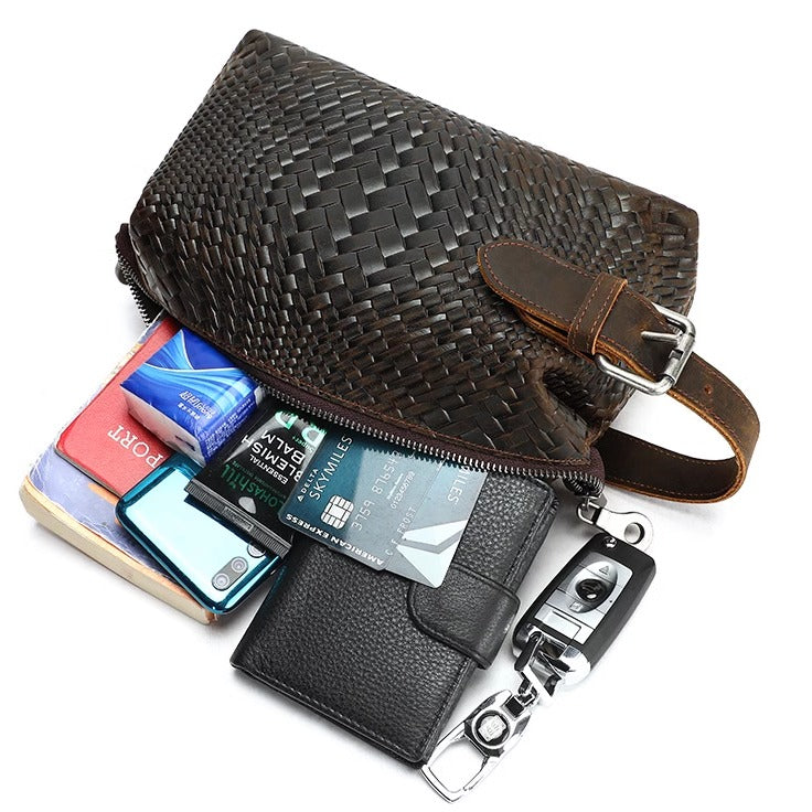 Braided Pattern Leather Toiletry Bag Men's Brown Leather Toiletry Bag Full Grain Leather Toiletry Bag - iwalletsmen