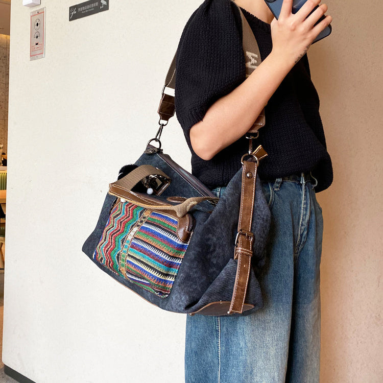 Boho Style Handbag Black Gray Canvas Boho Crossbody Bag Canvas Embroidery Shoulder Bag - Feltify