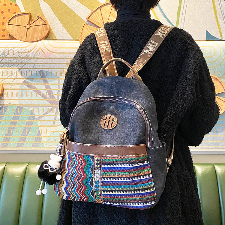 Boho Style Backpack Womens Vintage Black Gray Embroidery Canvas Backpack Boho Backpack - Feltify
