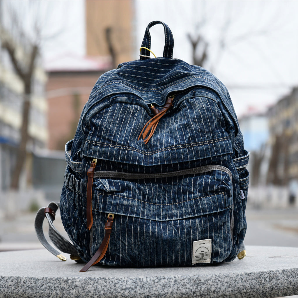 Blue Denim Backpack for Women Striped Jean Backpack Mens Striped