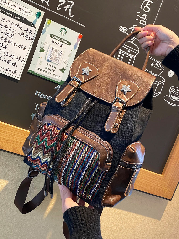 Womens Vintage Boho Style Backpack Black Gray Embroidery  display picture 3