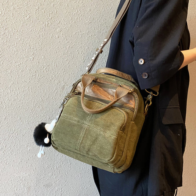 Green Canvas Convertible Vertical Shoulder Bag Backpack Canvas Convertible Crossbody Bag Canvas Handbag