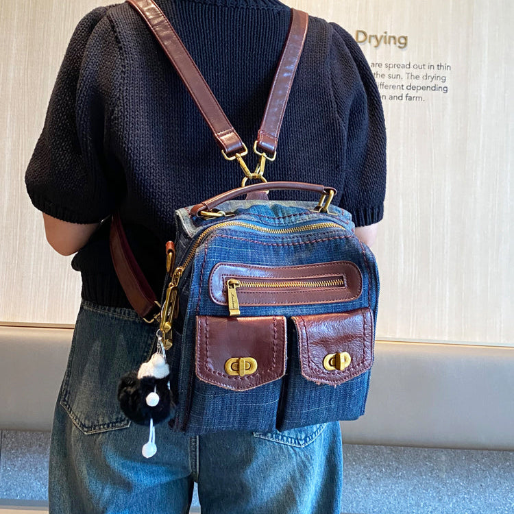 Convertible Denim Mini Backpack Bag Crossbody Bag Blue Convertible Denim Handbag Shoulder Bag