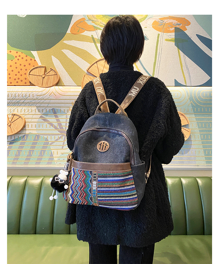 Boho Style Backpack Womens Vintage Black Gray Embroidery Boho Backpack Canvas Backpack
