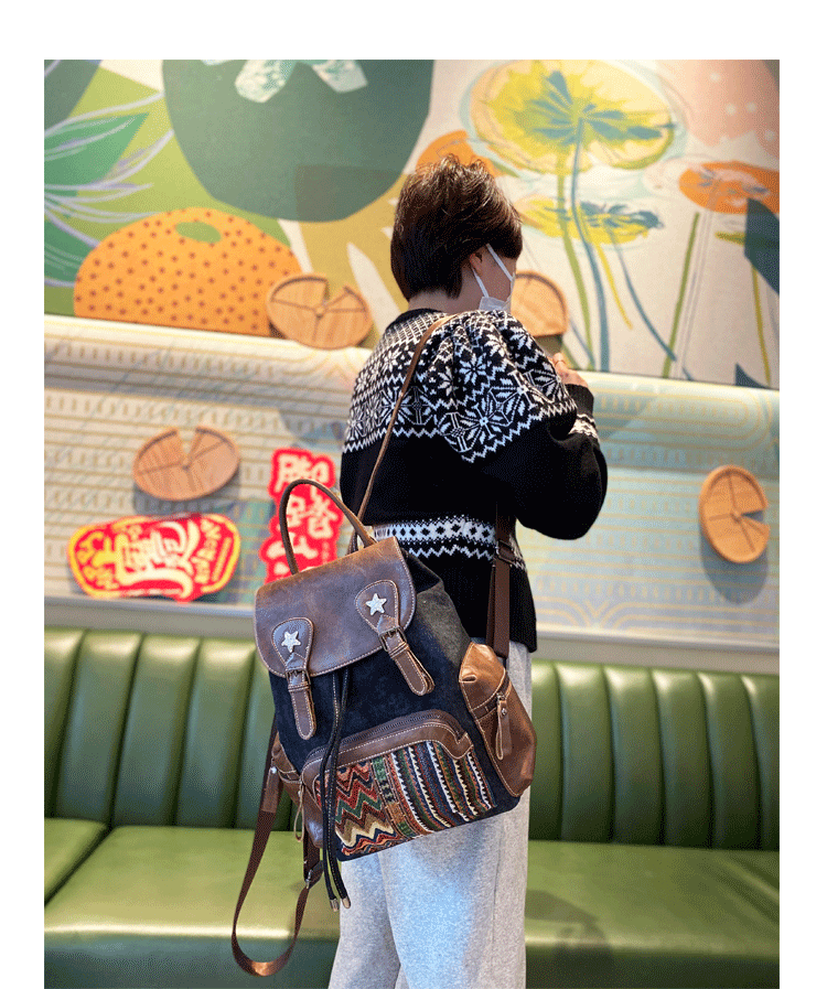 brown leather boho backpack Womens Vintage Boho Style Backpack Black Gray Embroidery Canvas Backpack  Boho Backpack