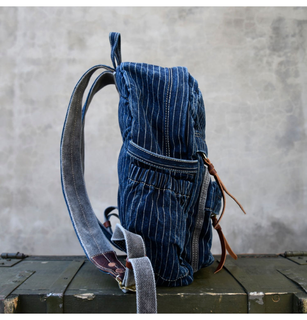 Blue Denim Backpack for Women Striped Jean Backpack Mens Striped