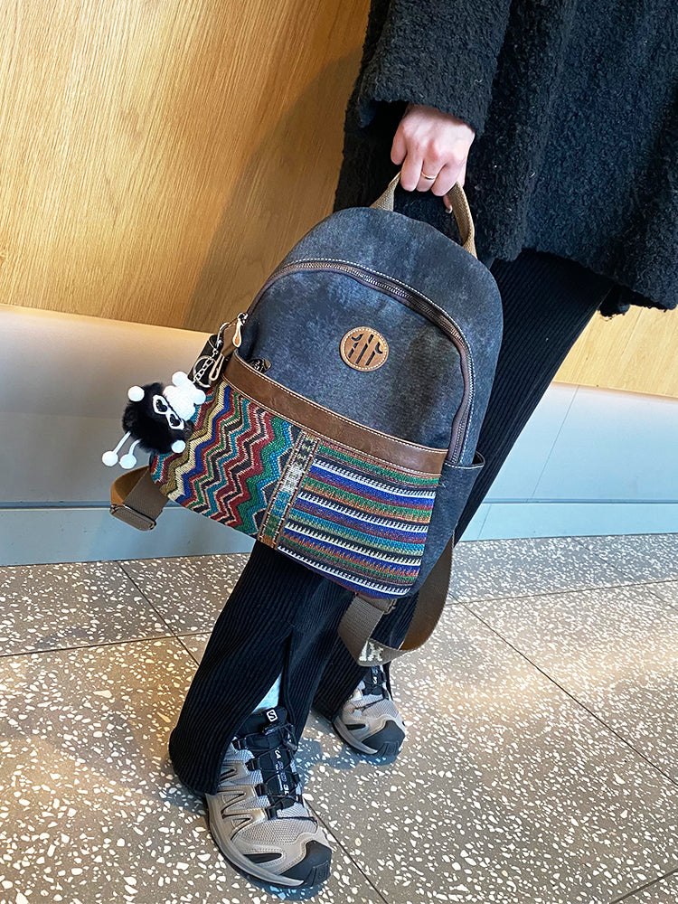 Boho Style Backpack Womens Vintage Black Gray Embroidery  display picture 1