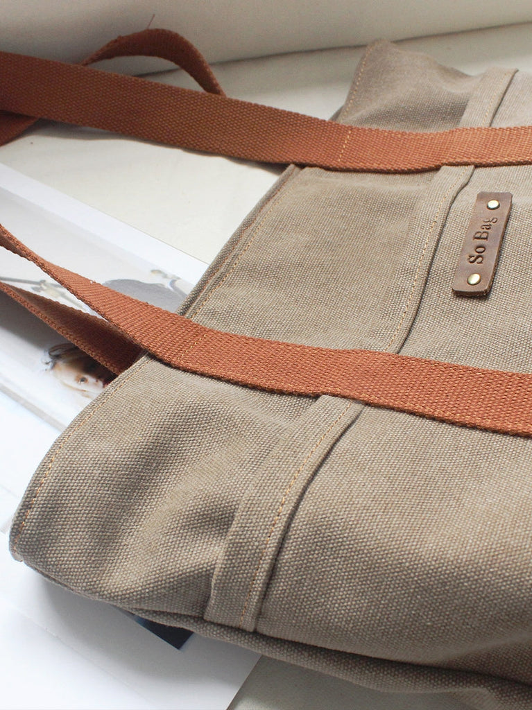 Women Light Khaki Canvas Shopper Tote Bags Canvas Tote