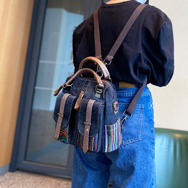 Canvas Convertible Handbag Crossbody Bag With outside Pockets Black Gray Canvas Embroidery Convertible Backpack Shoulder Bag - Feltify