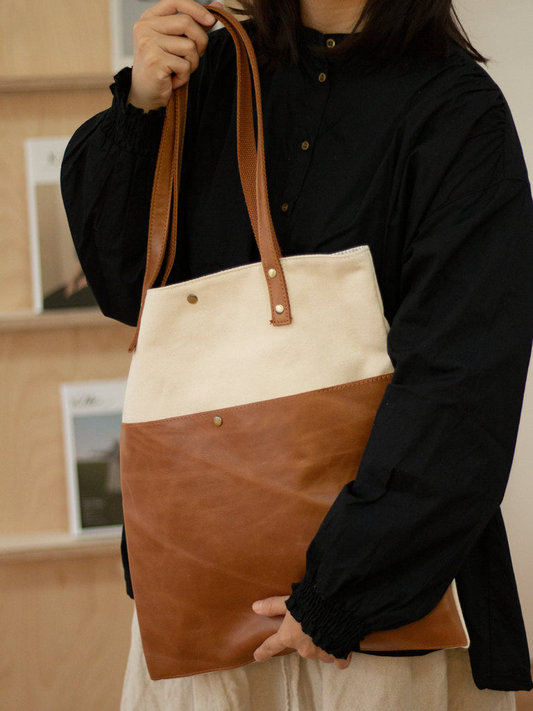 Two Tone Canvas Tote Canvas And Leather Tote Bag Canvas  display picture 2