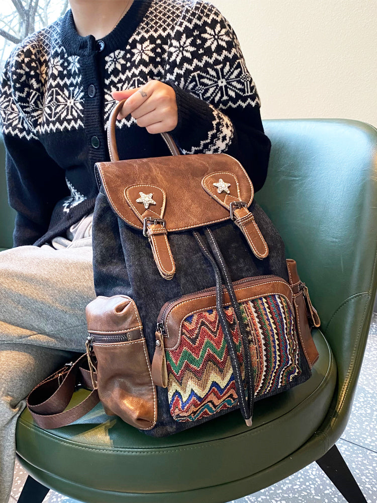 Black Gray Embroidery Canvas Backpack Boho Backpack Womens  display picture 2