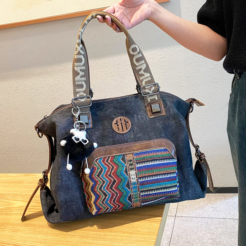Boho Style Handbag Black Gray Canvas Boho Crossbody Bag Canvas Embroidery Shoulder Bag - Feltify