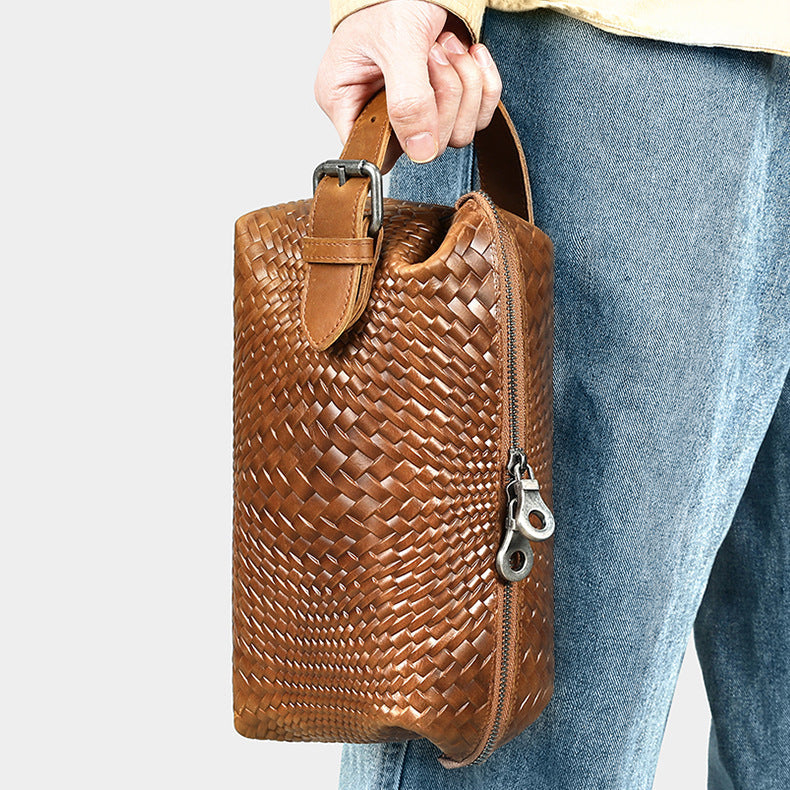 Braided Pattern Leather Toiletry Bag Men's Brown Leather Toiletry Bag Full Grain Leather Toiletry Bag - iwalletsmen
