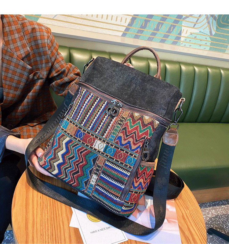 Vintage Embroidered Canvas Backpack with Crossbody Pouch, Adjustable Straps Womens Boho Canvas Backpack Purse Rucksack Bag  main image 3
