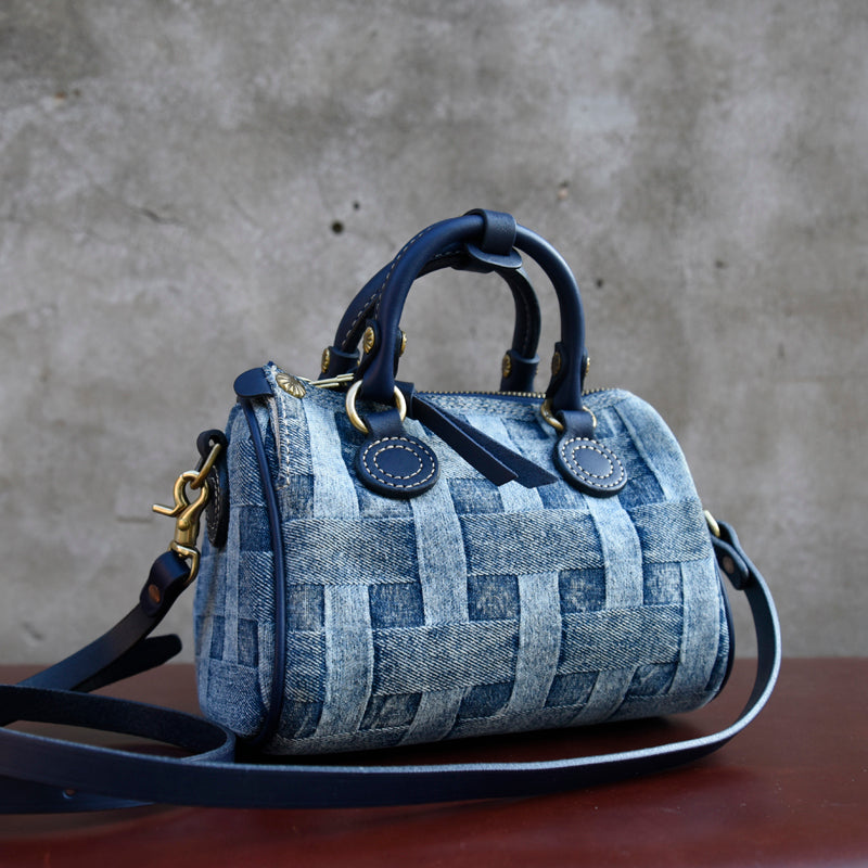 Small Denim Boston Bag Denim Handbags for Women Blue Denim