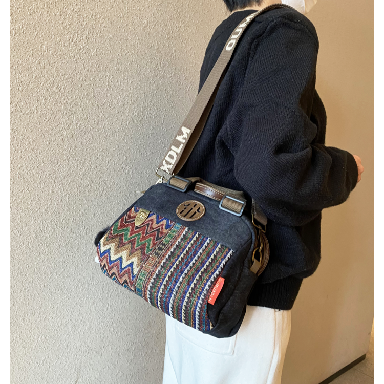 Black Gray Canvas Embroidery Handbag Shoulder Bag Black Gray Canvas Crossbody Bag - Feltify