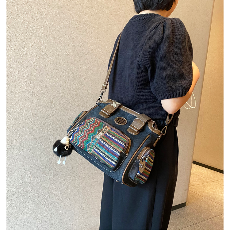 Black Gray Canvas Shoulder Boston Bag Embroidery Canvas Handbag Black Gray Canvas Boston Handbag - Feltify