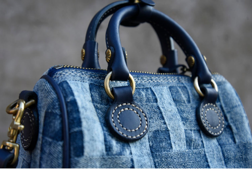 Small Denim Boston Bag Denim Handbags for Women Blue Denim
