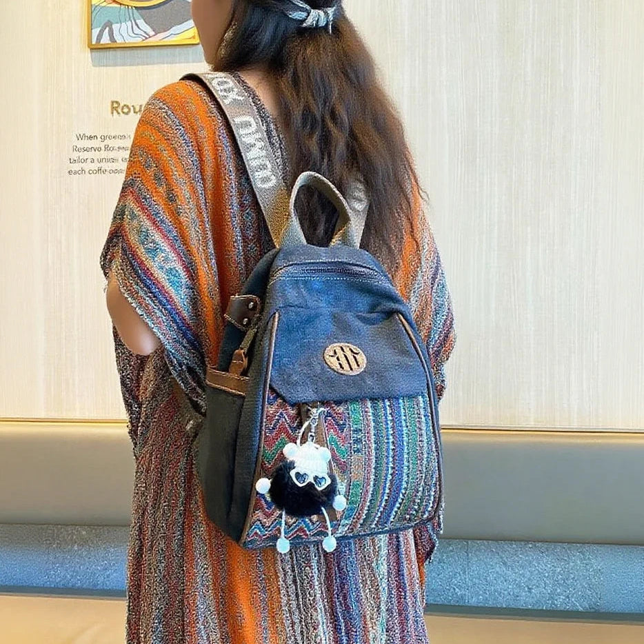 Black Gray Embroidery Canvas Backpack Boho Style Backpack Vintage Convertible Boho Crossbody Bag - Feltify
