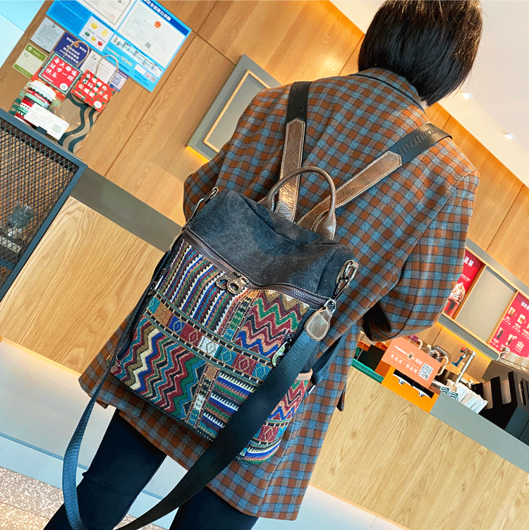 Vintage Convertible Large Boho Style Backpack Black Gray Embroidery Canvas Backpack Boho Crossbody Bag - Feltify
