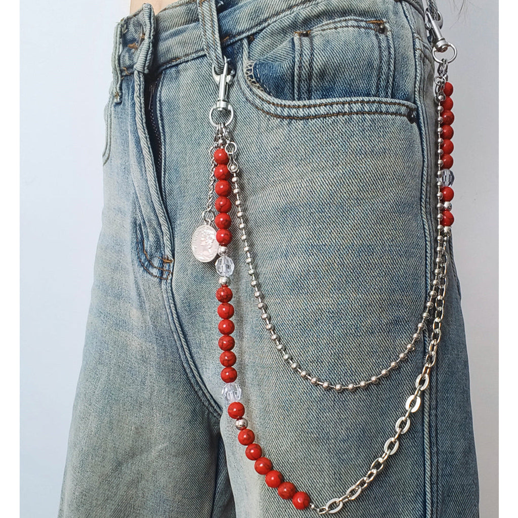 Beaded Wallet Chain Red Turquoise Stone Ball Wallet Chain Double Wallet Chain - iChainWallets