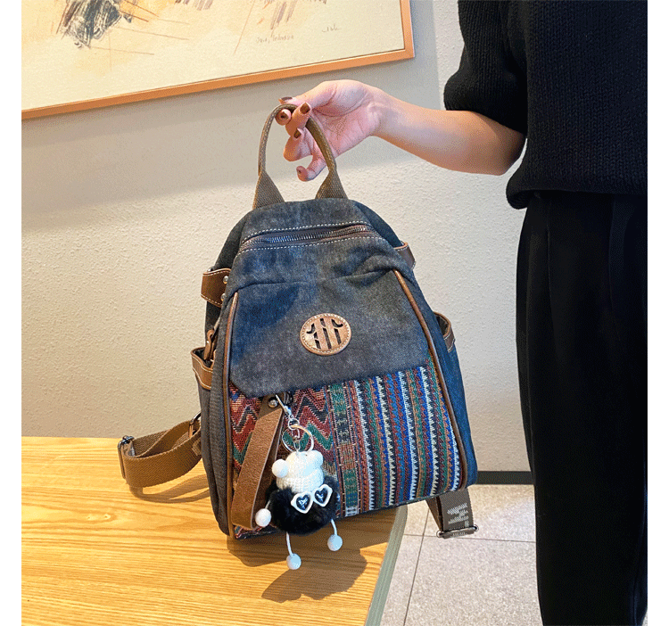 Black Gray Embroidery Canvas Backpack Boho Style Backpack Vintage Convertible Boho Crossbody Bag