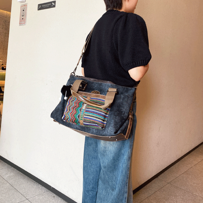 Boho Style Handbag Black Gray Canvas Boho Crossbody Bag Canvas Embroidery Shoulder Bag - Feltify