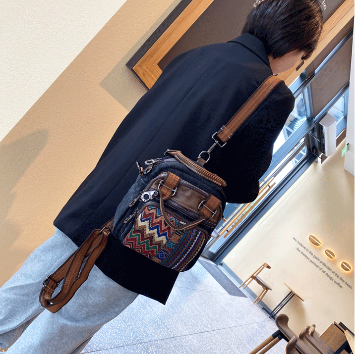 Black Gray Denim Convertible Backpack Shoulder Bag Embroidery Jean Bag Black Gray Denim HandBags Jean HandBag - Feltify