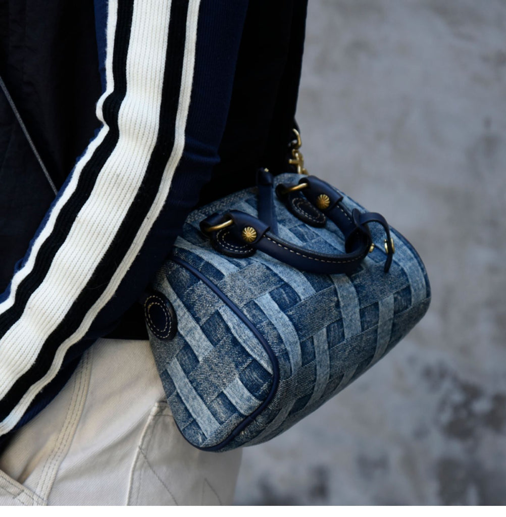 Small Denim Boston Bag Denim Handbags for Women Blue Denim