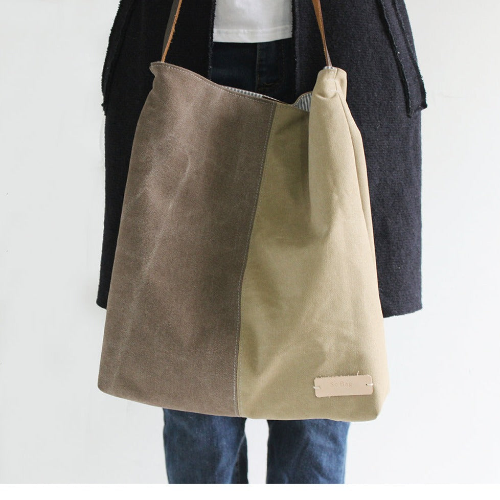 two tone canvas tote Womens Khaki Canvas Splicing Tote Bag 