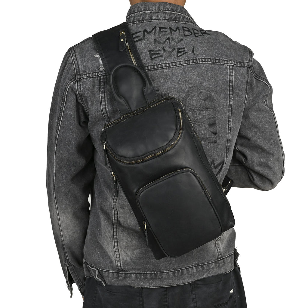Sling bag for big man - leather texture and stitching detail close-up