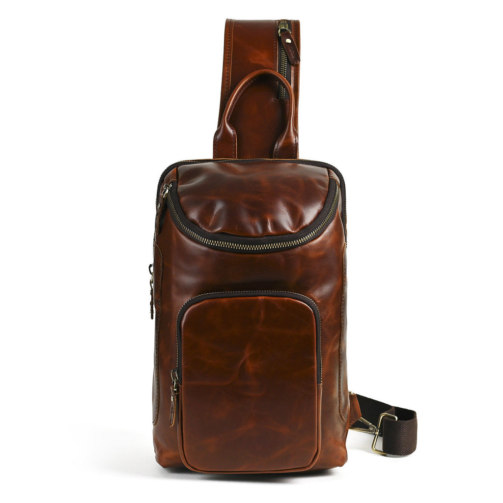 Sling bag for big man - leather texture and stitching detail close-up