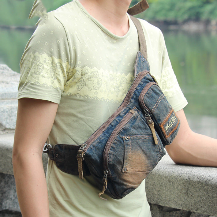 Cool Denim Blue Mens Small Fanny Pack Waist Bag Blue Chest Bag Hip Bag Bum Bags For Men - iwalletsmen