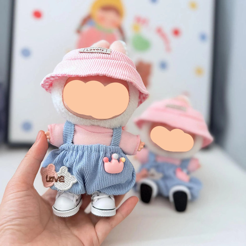 Fall Labubo Clothes Blue Overalls + Pink Hat Girl Labubo Outfits Keychain Labubo Clothing