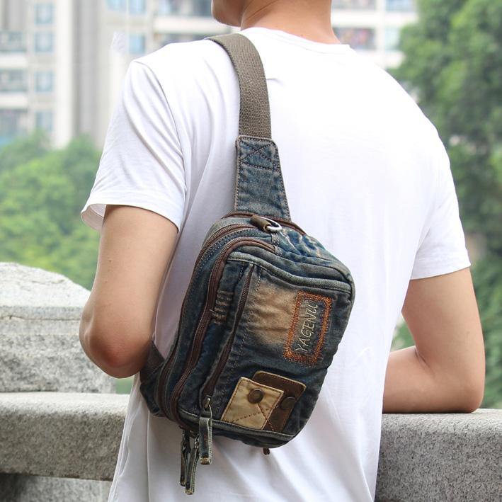 Denim Denim Blue Mens Small Fanny Pack Waist Bag Blue Hip Bag Bum Bag For Men - iwalletsmen