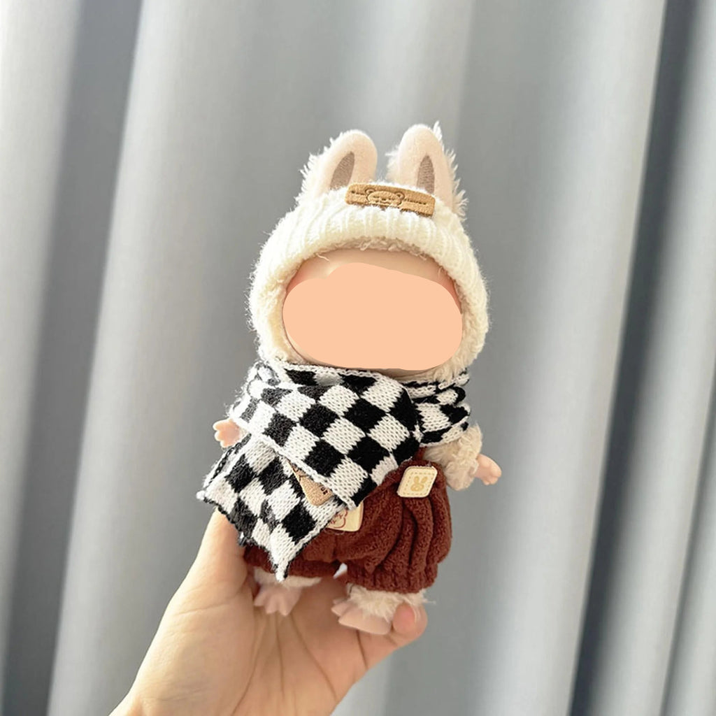 Winter Labubo Clothes Coffee Overalls + Beanie Girl Labubo Outfits Keychain Labubo Clothing