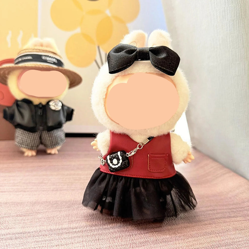 Fall Labubo Clothes Red Top Black Skirt With Hat Girl Labubo Outfits Keychain Labubo Clothing