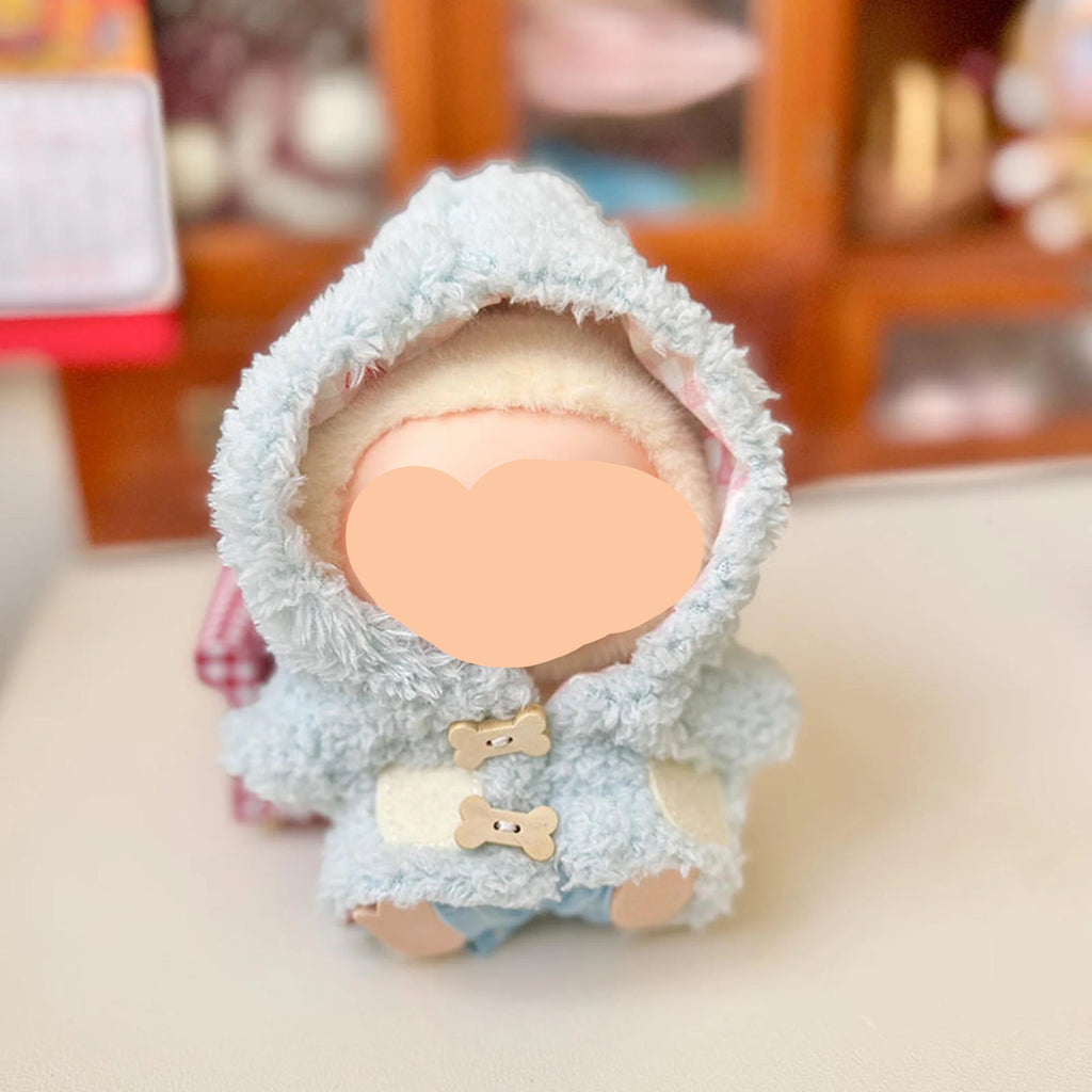 Winter Labubo Clothes Blue Plush Coat With Hood Girl Labubo Outfits Keychain Labubo Clothing