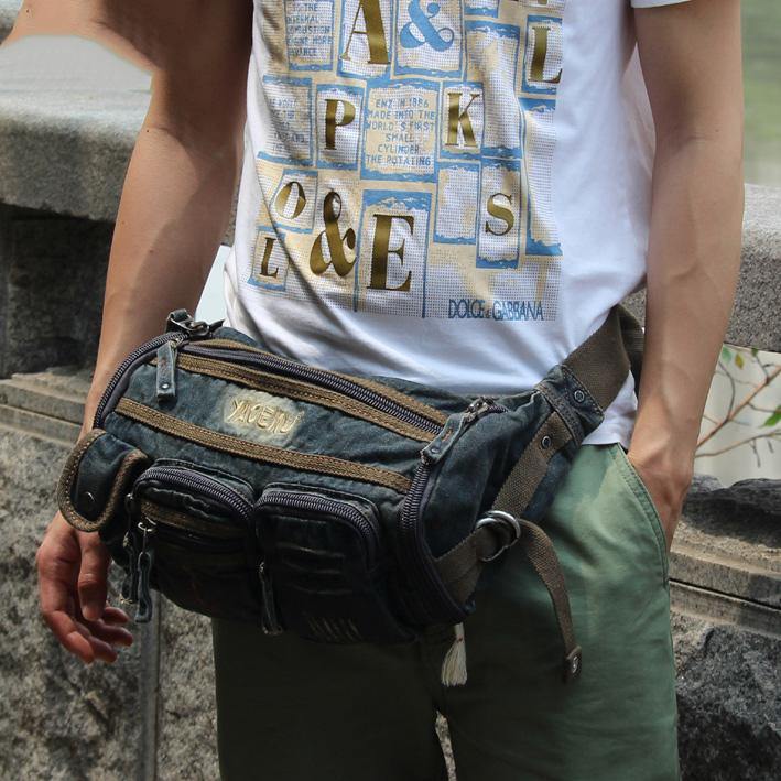 Blue Denim Mens Casual Waist Bag Fanny Packs Blue Jean Hip Bag Bum Bags For Men - iwalletsmen