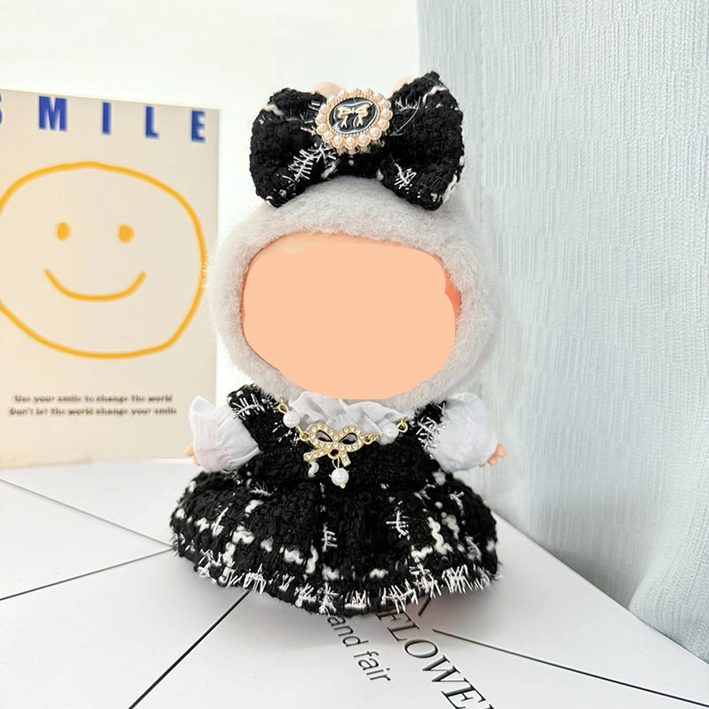 Summer Labubo Clothes Tweed Dress + Hairbow Girl Labubo Outfits Keychain Labubo Clothing