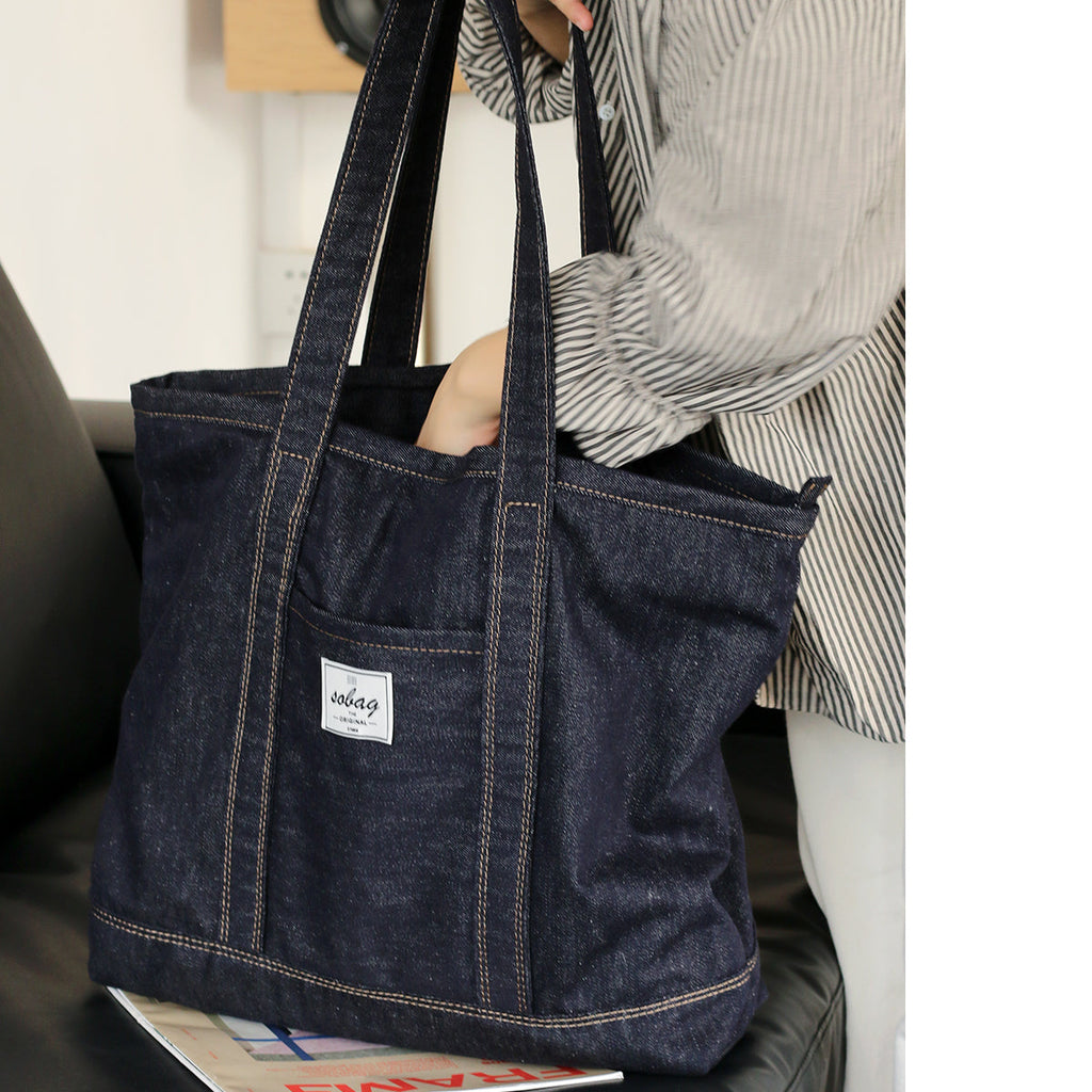 Amzufs Large Denim Tote Bag For Women - Light Blue Canvas Shoulder Purse, Retro Crossbody Bag